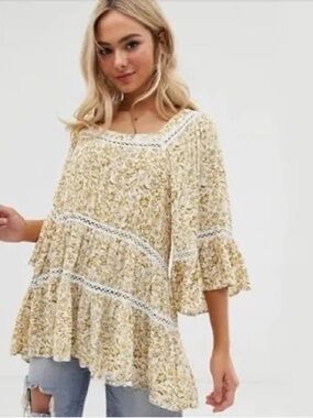 Free People Talk About It Tunic Ivory Gold Boho Floral Tiered Flowy size XS